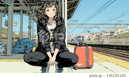 駅のホームで、なかなか来ない電車を待ちくたびれている若い女性