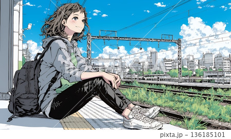 駅のホームで、なかなか来ない電車を待ちくたびれている若い女性