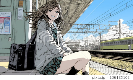 駅のホームで、なかなか来ない電車を待ちくたびれている若い女性