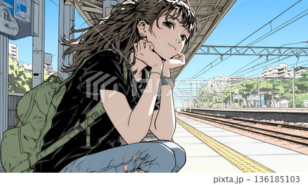 駅のホームで、なかなか来ない電車を待ちくたびれている若い女性