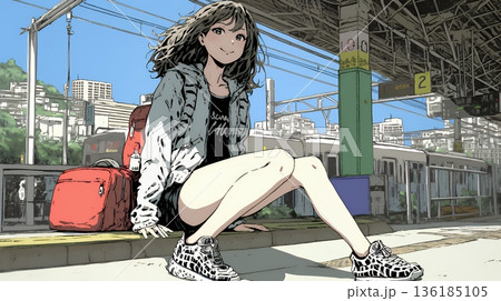 駅のホームで、なかなか来ない電車を待ちくたびれている若い女性