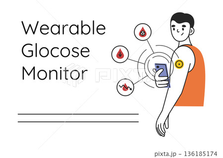 Character with wearable glucose monitor checking blood sugar level, diabetes management concept. Flat cartoon vector illustration for medical awareness, health tracking, editable template design Character with wearable glucose monitor checking blood sugar level, diabetes management concept. Flat cartoon vector illustration for medical awareness, health tracking, editable template design 136185174