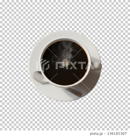 湯気の立つブラックコーヒーを真上から見た白いカップとソーサー 136185307
