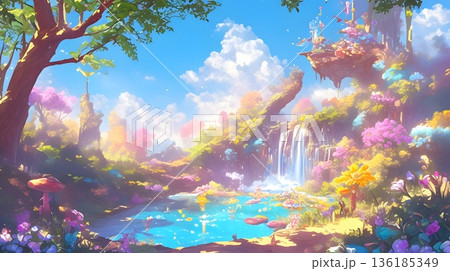 カラフルな虹が見える森の風景画 136185349