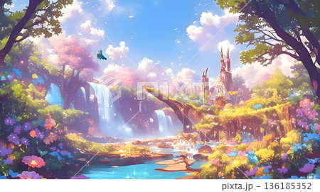 カラフルな虹が見える森の風景画 136185352