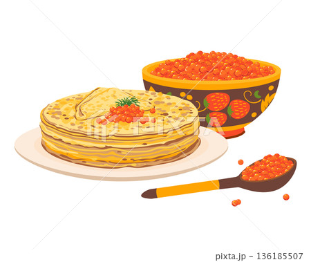 A stack of thin pancakes on a plate. A traditional Maslenitsa dish. Red caviar in a wooden bowl and a Khokhloma style spoon. The most popular pancake filling in Russia. Vector illustration. 136185507