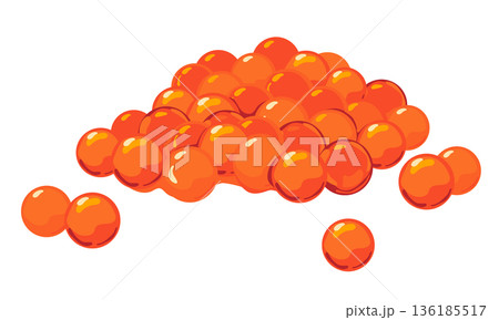 Vector illustration of red caviar on a white background. Salted salmon or trout roe. A traditional Russian delicacy. Seafood rich in omega-3. Vector illustration of red caviar on a white background. Salted salmon or trout roe. A traditional Russian delicacy. Seafood rich in omega-3. 136185517