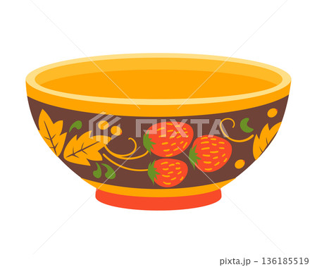 Vector bowl with ancient Slavic painting. Wooden plate in the Khokhloma style. Traditional folk craft in Russia. Flat style illustration. Vector bowl with ancient Slavic painting. Wooden plate in the Khokhloma style. Traditional folk craft in Russia. Flat style illustration. 136185519