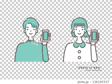 圖：一男一女面帶微笑地拿著智慧型手機，綠色雙色調 136185537