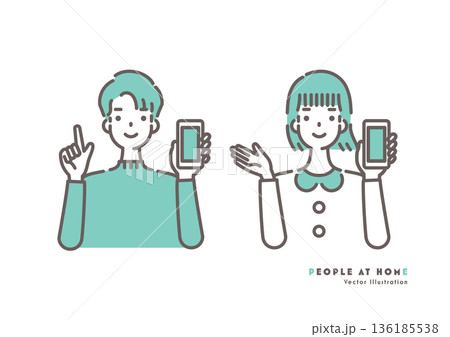 スマートフォンを持って指差しと手のひらで案内する男女のイラスト グリーンのツートーン スマートフォンを持って指差しと手のひらで案内する男女のイラスト グリーンのツートーン 136185538