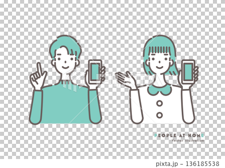 Illustration of a man and woman holding a smartphone and pointing and guiding with their palms Green two-tone 136185538