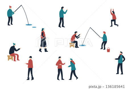 釣りや散歩を楽しむ冬服の人たち 136185641