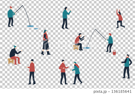 釣りや散歩を楽しむ冬服の人たち 136185641