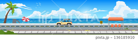 Horizontal or Landscape of flat vector panoramic illustration of a yellow SUV driving along a scenic coastal asphalt road. With a beach palm tree and train stop under a bright blue sky. 136185910