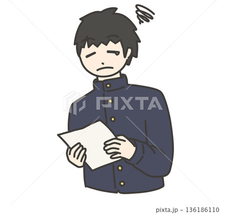 プリントを受け取って悲しむ学ラン姿の男の子のイラスト プリントを受け取って悲しむ学ラン姿の男の子のイラスト 136186110