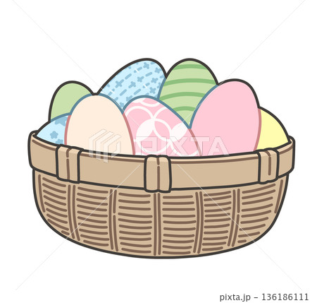 イースターエッグがたくさん入ったバスケットのイラスト 136186111