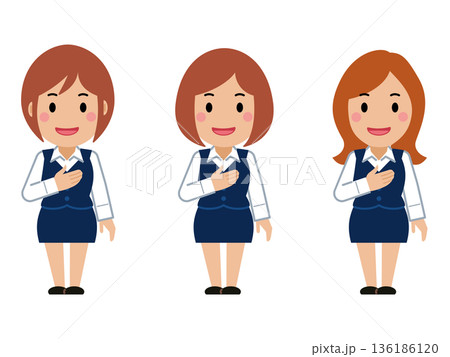 胸に手を当て笑顔。ネイビー事務服の若い女性 136186120
