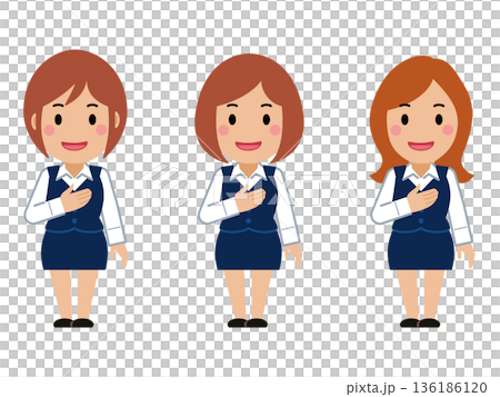 胸に手を当て笑顔。ネイビー事務服の若い女性 136186120