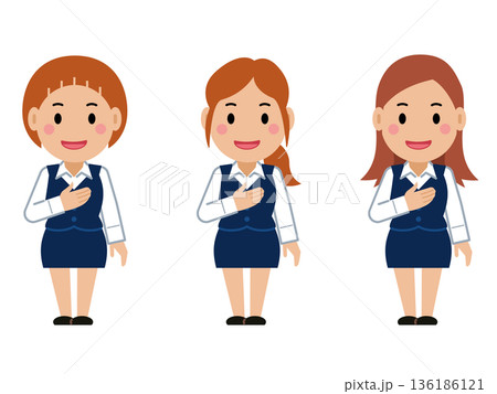 胸に手を当て笑顔。ネイビー事務服の若い女性。その2 胸に手を当て笑顔。ネイビー事務服の若い女性。その2 136186121