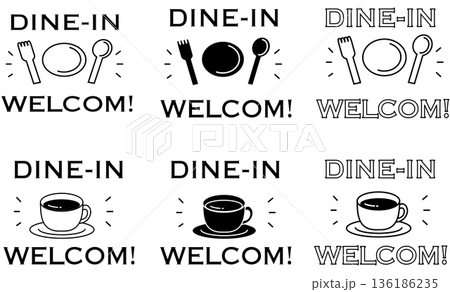 店内でお食事・イートインOK・DINE-INの飲食店向け案内POPセット/白黒シンプル表示デザイン 136186235