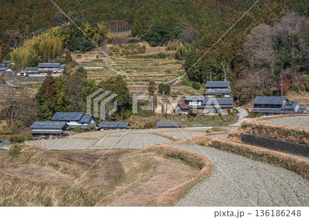 明日香村の冬の棚田風景 奈良県 明日香村の冬の棚田風景 奈良県 136186248