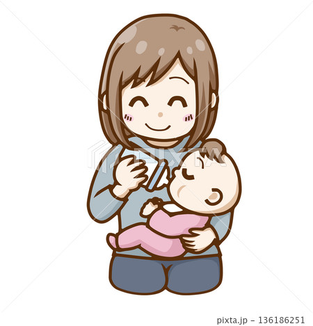 笑顔で授乳する母親と赤ちゃん｜子育て・育児の安心イメージ 136186251