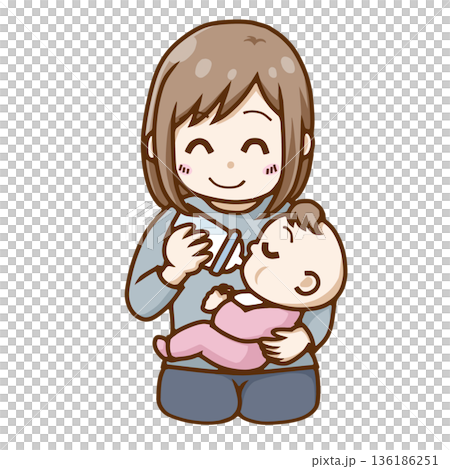 Smiling mother and baby breastfeeding | Image of peace of mind for childcare and parenting 136186251