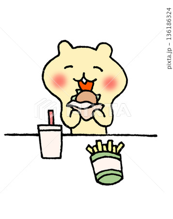 ハンバーガーを食べるかわいい動物のイラスト ハンバーガーを食べるかわいい動物のイラスト 136186324