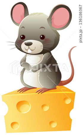 Cute Cartoon Mouse Sitting on Cheese Wedge Cute Cartoon Mouse Sitting on Cheese Wedge 136186367