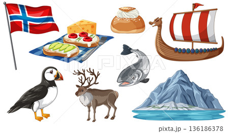 Collection of Norwegian Cultural Symbols and Traditional Food Vector Illustrations 136186378