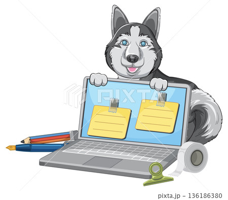 Cartoon Siberian Husky Dog Sitting Behind Laptop with Office Supplies 136186380