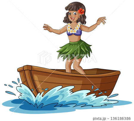Hula Dancer Balancing on Wooden Boat in Water Hula Dancer Balancing on Wooden Boat in Water 136186386