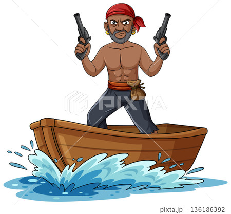 Armed Pirate Standing in Wooden Rowboat with Pistols 136186392