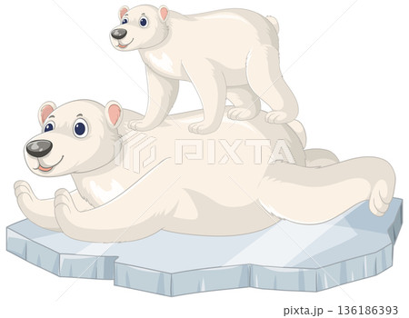 Cartoon Polar Bear Mother and Cub Resting on Floating Ice Floe Cartoon Polar Bear Mother and Cub Resting on Floating Ice Floe 136186393
