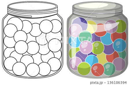 Glass Jar Filled with Colorful Round Candies and Line Art Version 136186394