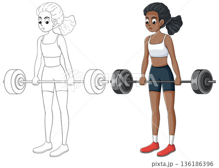 Female Athlete Performing Deadlift with Barbell in Vector Style 136186396