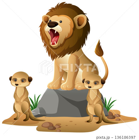Lion Roaring on Rock with Two Meerkats Standing Alert Lion Roaring on Rock with Two Meerkats Standing Alert 136186397