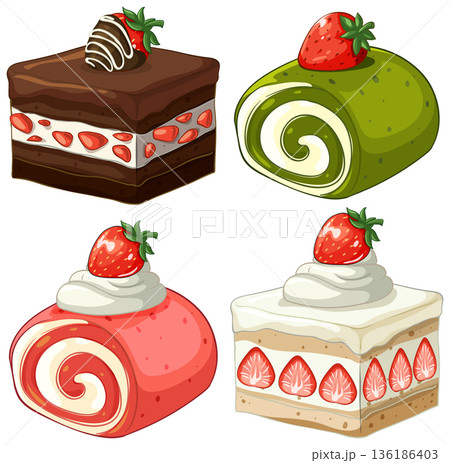 Assorted Strawberry Cakes and Swiss Rolls Vector Illustration Set 136186403