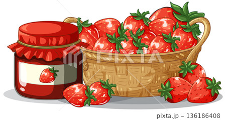 Fresh Red Strawberries in Wicker Basket with Homemade Fruit Jam Jar 136186408
