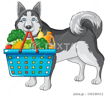 Siberian Husky Dog Carrying a Blue Shopping Basket Filled with Fresh Groceries 136186411