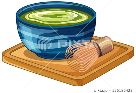 Matcha Green Tea in Blue Ceramic Bowl with Bamboo Whisk 136186422
