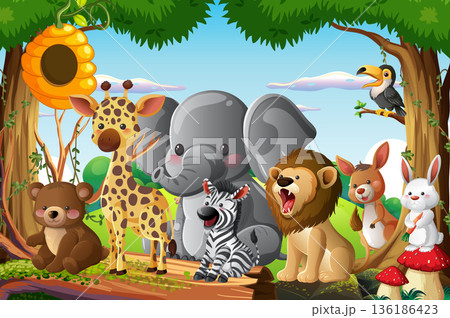 Cartoon Jungle Animals Gathering in Forest Clearing 136186423