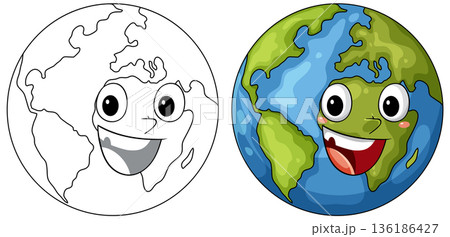 Happy Cartoon Earth Character Color and Outline Set Happy Cartoon Earth Character Color and Outline Set 136186427