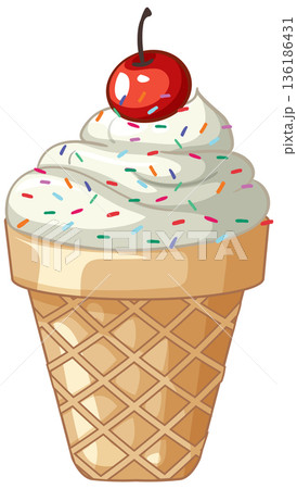 Soft Serve Vanilla Ice Cream Cone with Sprinkles and Cherry Soft Serve Vanilla Ice Cream Cone with Sprinkles and Cherry 136186431