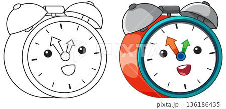 Cartoon Alarm Clock Character with Coloring Page and Colored Version 136186435