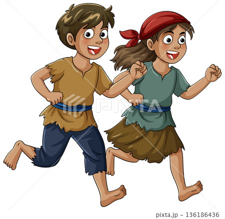 Two Happy Children Running in Ragged Clothesのイラスト素材 [136186436] - PIXTA