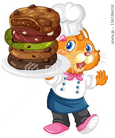 Cartoon Cat Chef Holding a Large Stack of Assorted Chocolate Cookies 136186439