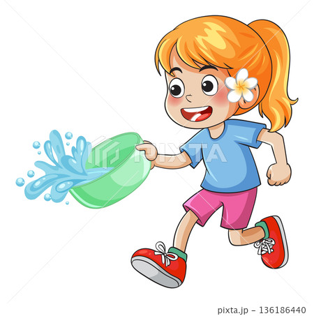Cartoon Girl Running and Splashing Water During Songkran Festival Celebration 136186440