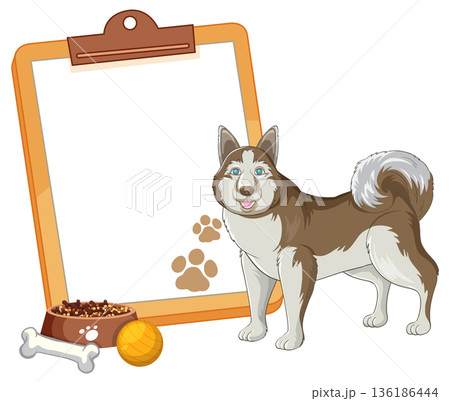 Siberian Husky Standing Next to a Blank Clipboard with Pet Accessories 136186444