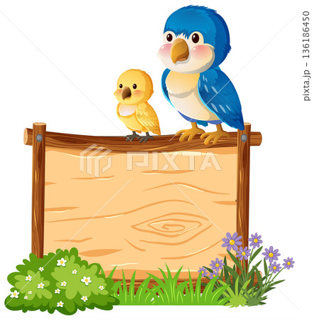 Two Colorful Birds Perched on Wooden Sign in Garden Two Colorful Birds Perched on Wooden Sign in Garden 136186450